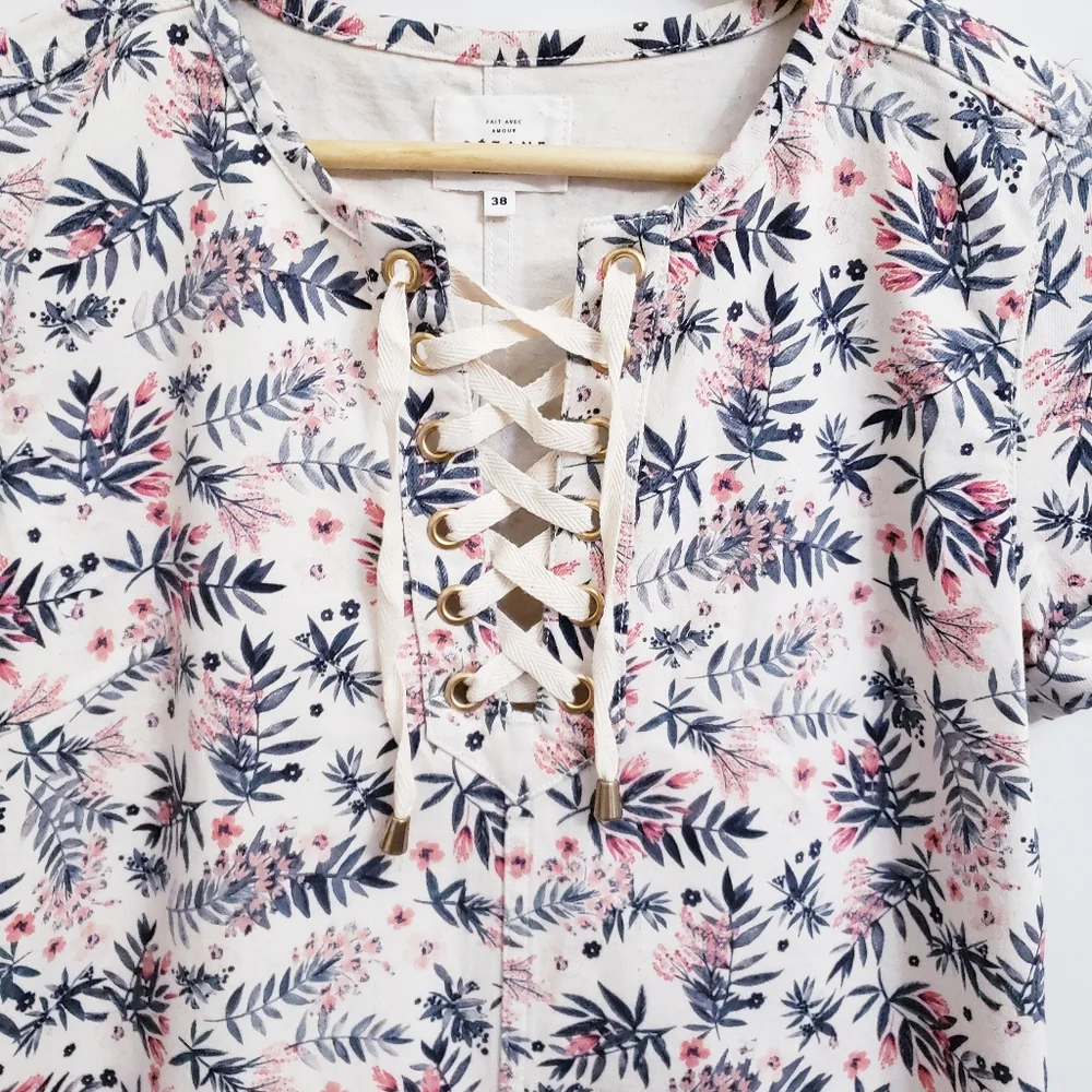 Sezane Giulia Lace Up Trapeze Shift Dress in Printed Flowers, Size 38 - Picture 4 of 10